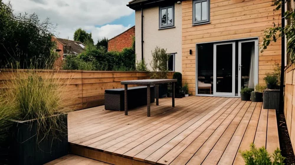 A wooden deck installation with a wooden table and chairs.